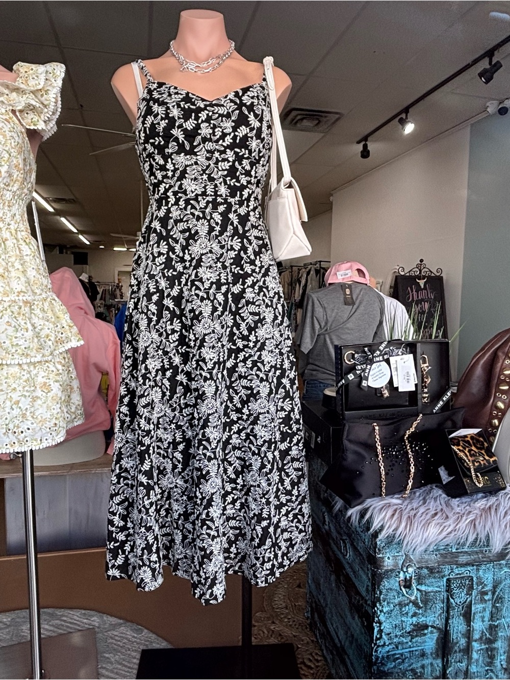 Aqua Black & White embroidered Floral Midi Dress